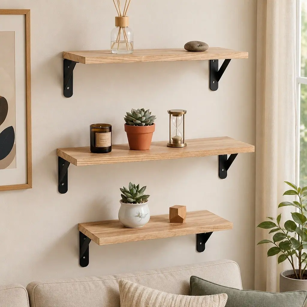Floating Wall Shelves Set of 6 Rustic Brown Paulownia Wood Wall Mounted Display Storage