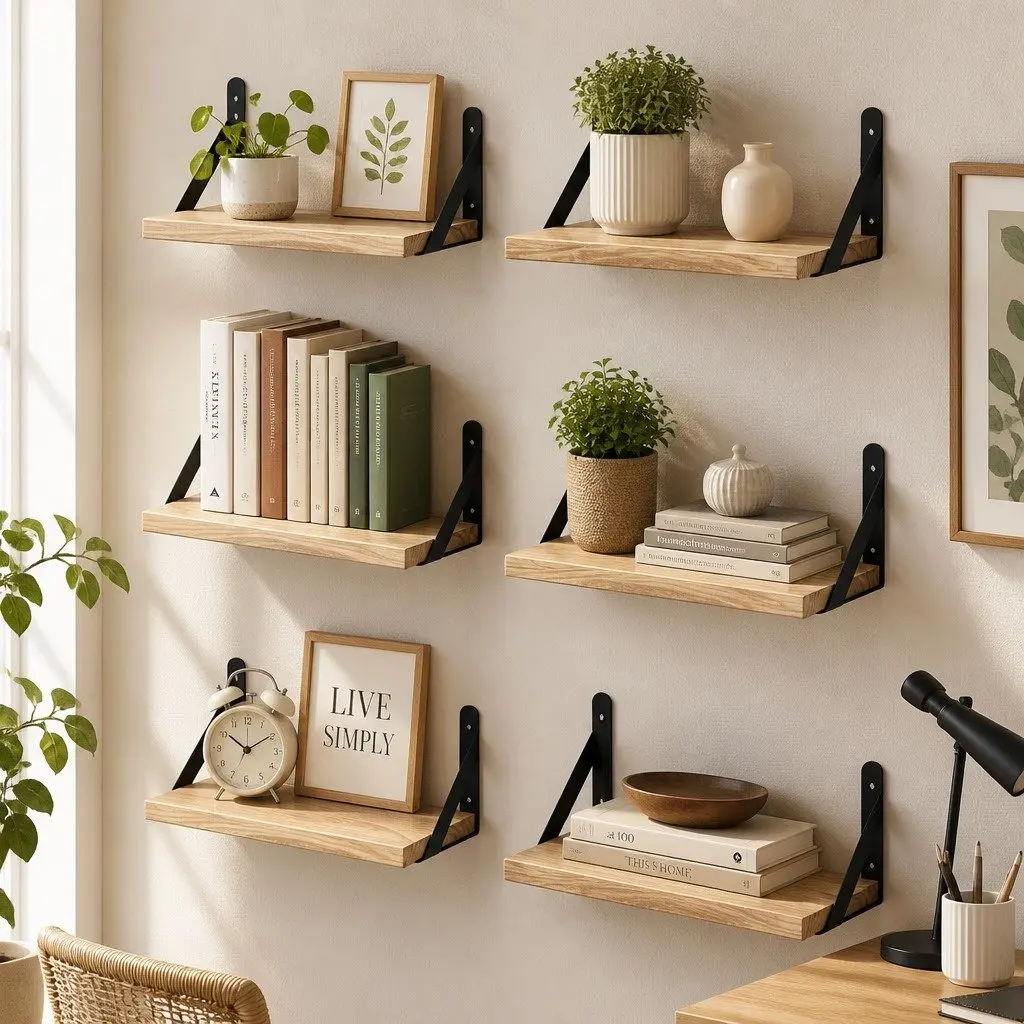 Floating Wall Shelves Set of 6 Rustic Brown Paulownia Wood Wall Mounted Display Storage