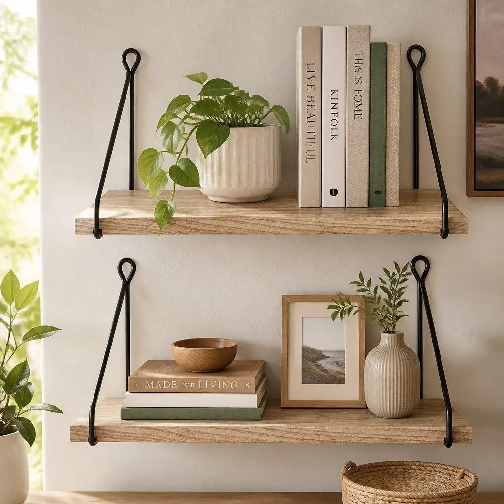 Floating Wall Mounted Shelves Rustic 2 Piece Paulownia Wood 40 x 14.5 x 16.5 cm