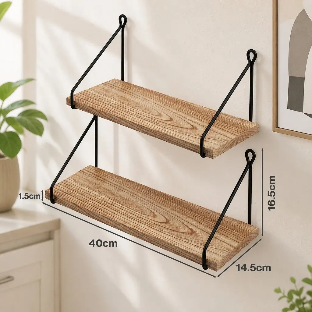 Floating Wall Mounted Shelves Rustic 2 Piece Paulownia Wood 40 x 14.5 x 16.5 cm