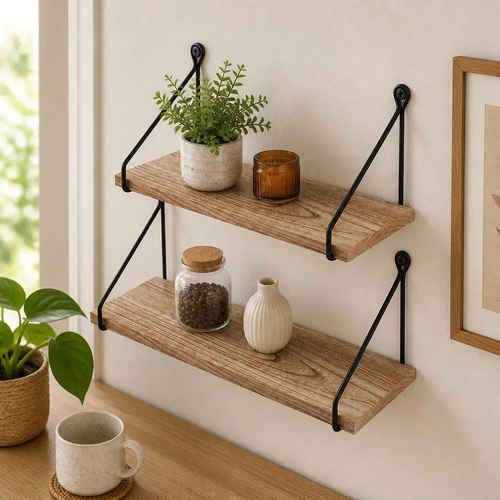 Floating Wall Mounted Shelves Rustic 2 Piece Paulownia Wood 40 x 14.5 x 16.5 cm