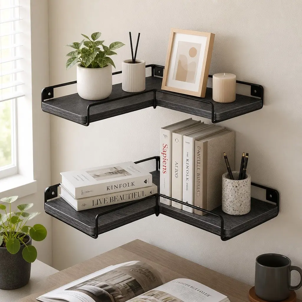 Floating Corner Wall Shelves Black 40cm Particle Board with Iron Guard Rail 2 Piece