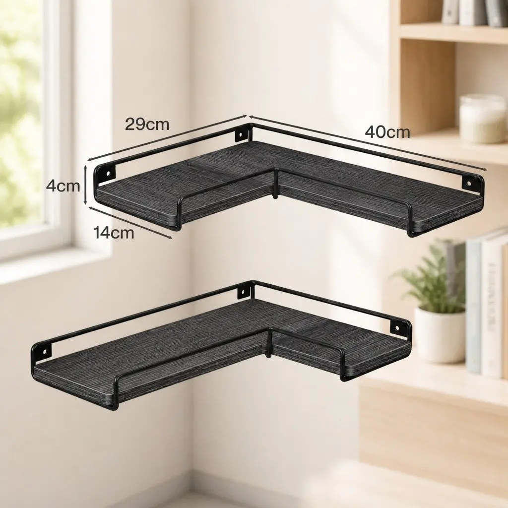Floating Corner Wall Shelves Black 40cm Particle Board with Iron Guard Rail 2 Piece