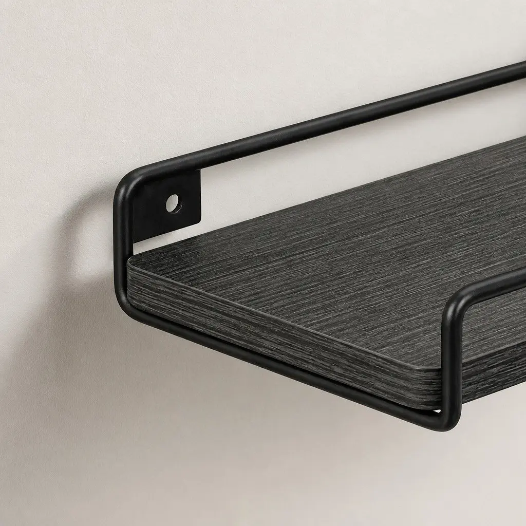 Floating Corner Wall Shelves Black 40cm Particle Board with Iron Guard Rail 2 Piece