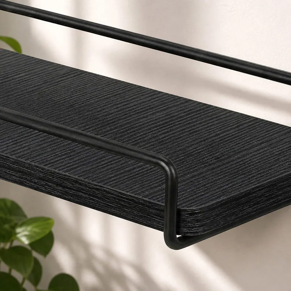 Floating Corner Wall Shelves Black 40cm Particle Board with Iron Guard Rail 2 Piece