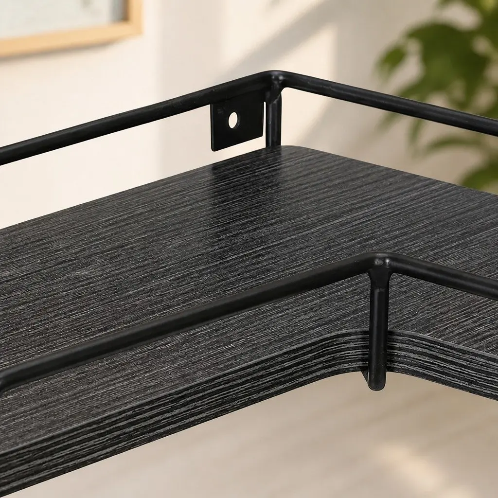 Floating Corner Wall Shelves Black 40cm Particle Board with Iron Guard Rail 2 Piece