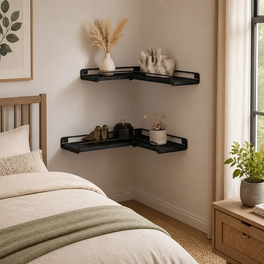 Floating Corner Wall Shelves Black 40cm Particle Board with Iron Guard Rail 2 Piece