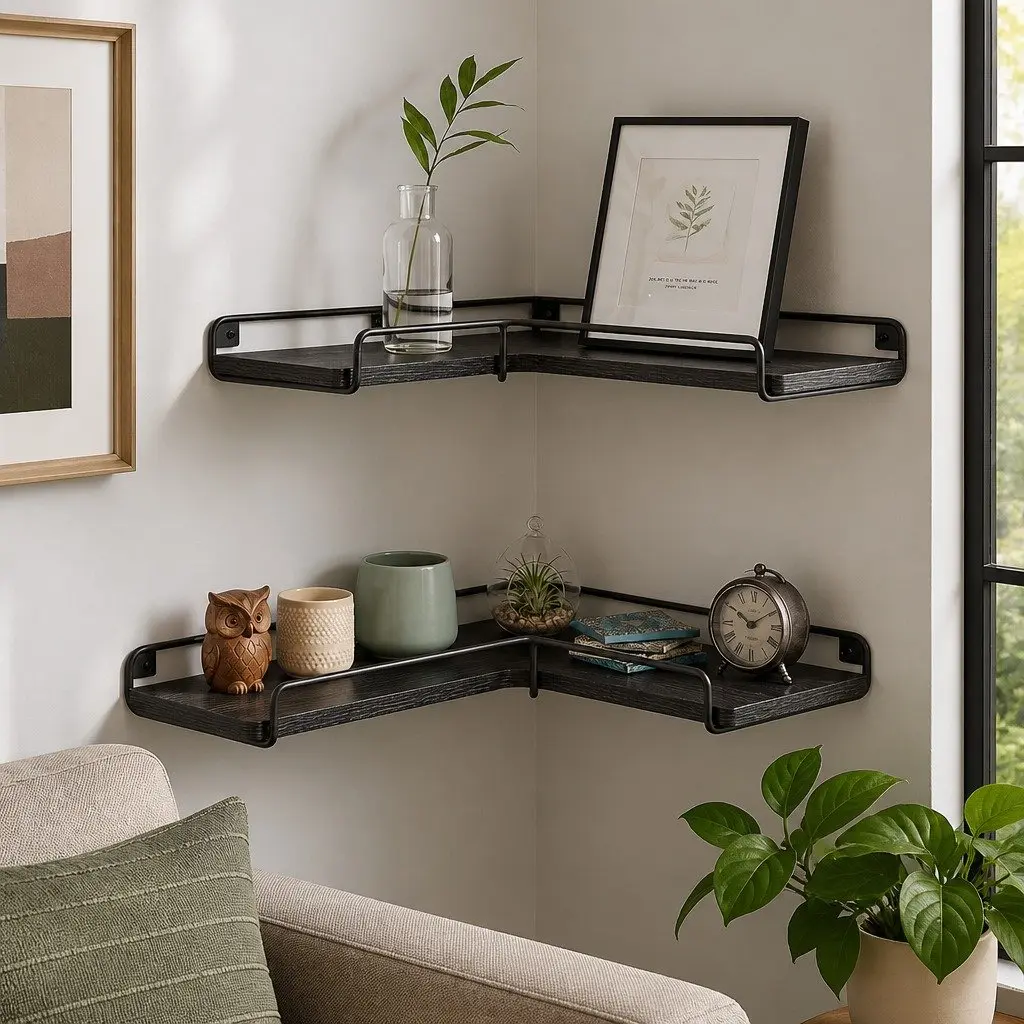 Floating Corner Wall Shelves Black 40cm Particle Board with Iron Guard Rail 2 Piece