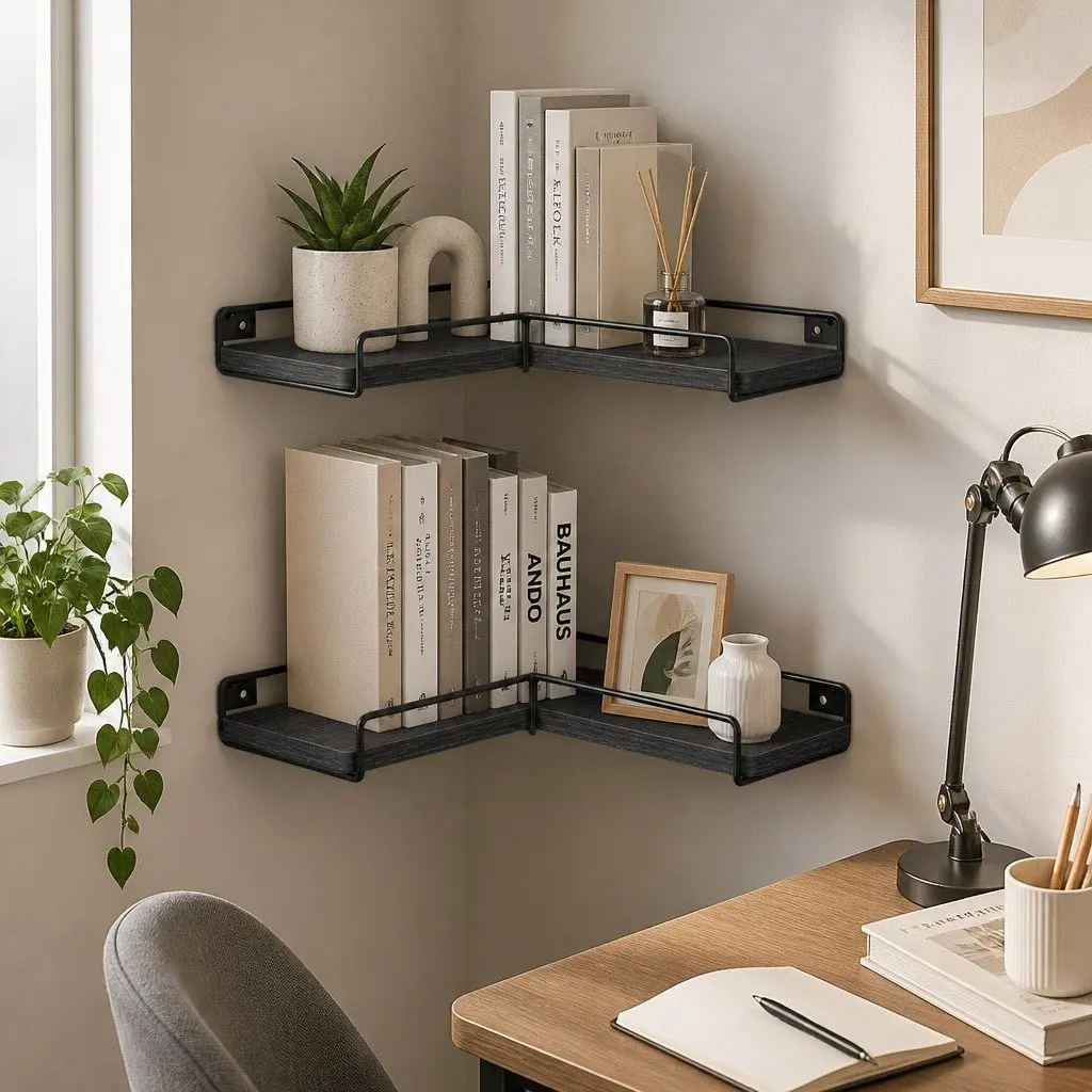 Floating Corner Wall Shelves Black 40cm Particle Board with Iron Guard Rail 2 Piece