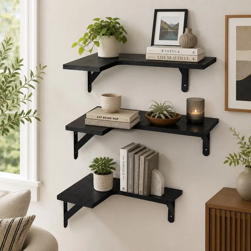 Corner Floating Shelves L-Shaped Black Paulownia Wood Wall-Mounted 3 Piece Storage