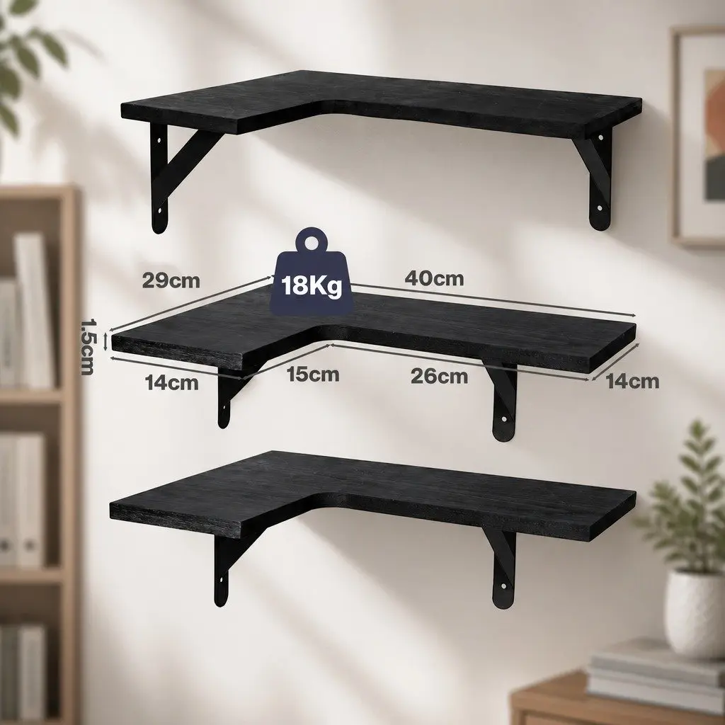 Corner Floating Shelves L-Shaped Black Paulownia Wood Wall-Mounted 3 Piece Storage