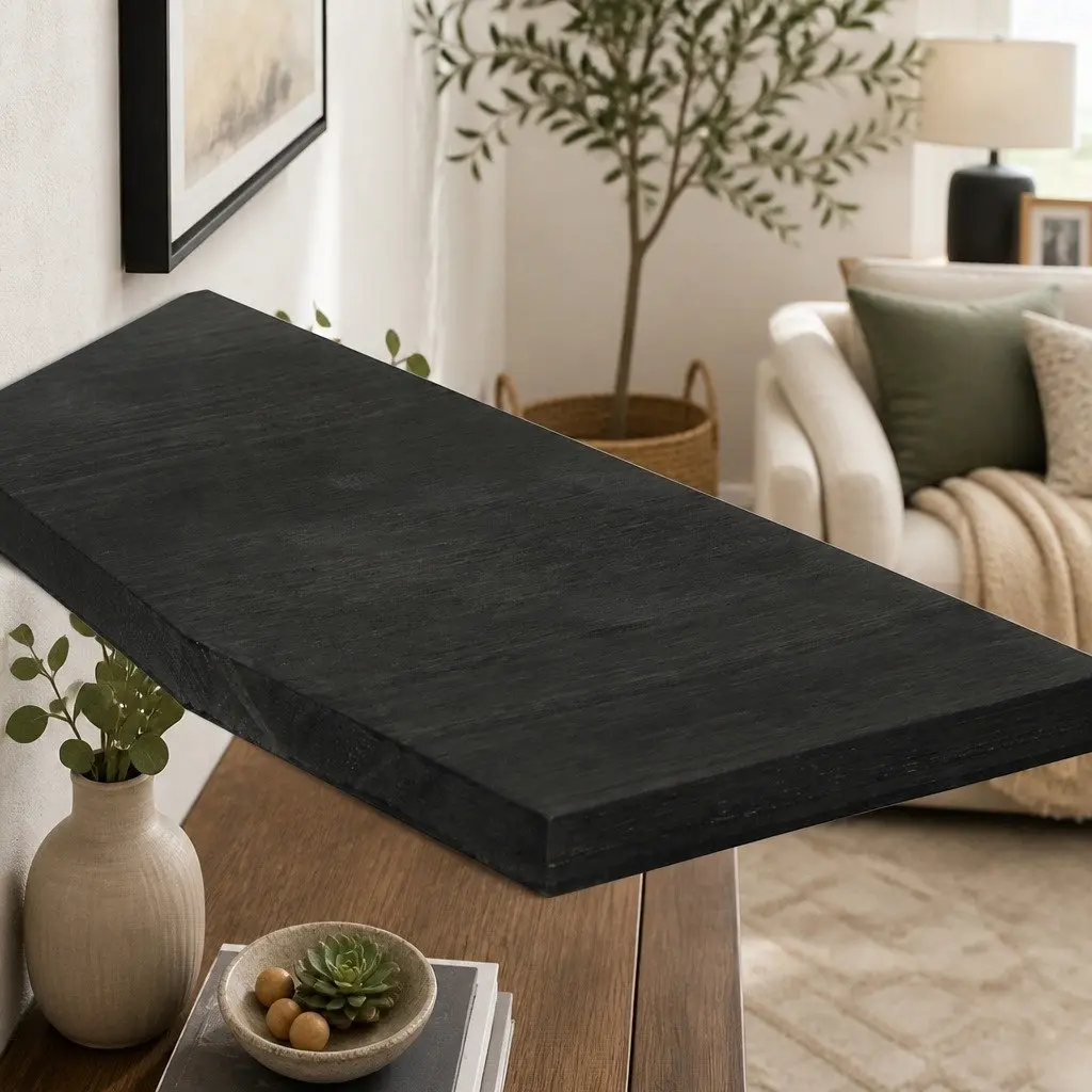 Corner Floating Shelves L-Shaped Black Paulownia Wood Wall-Mounted 3 Piece Storage