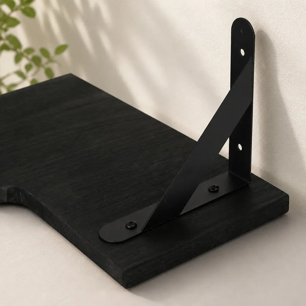 Corner Floating Shelves L-Shaped Black Paulownia Wood Wall-Mounted 3 Piece Storage