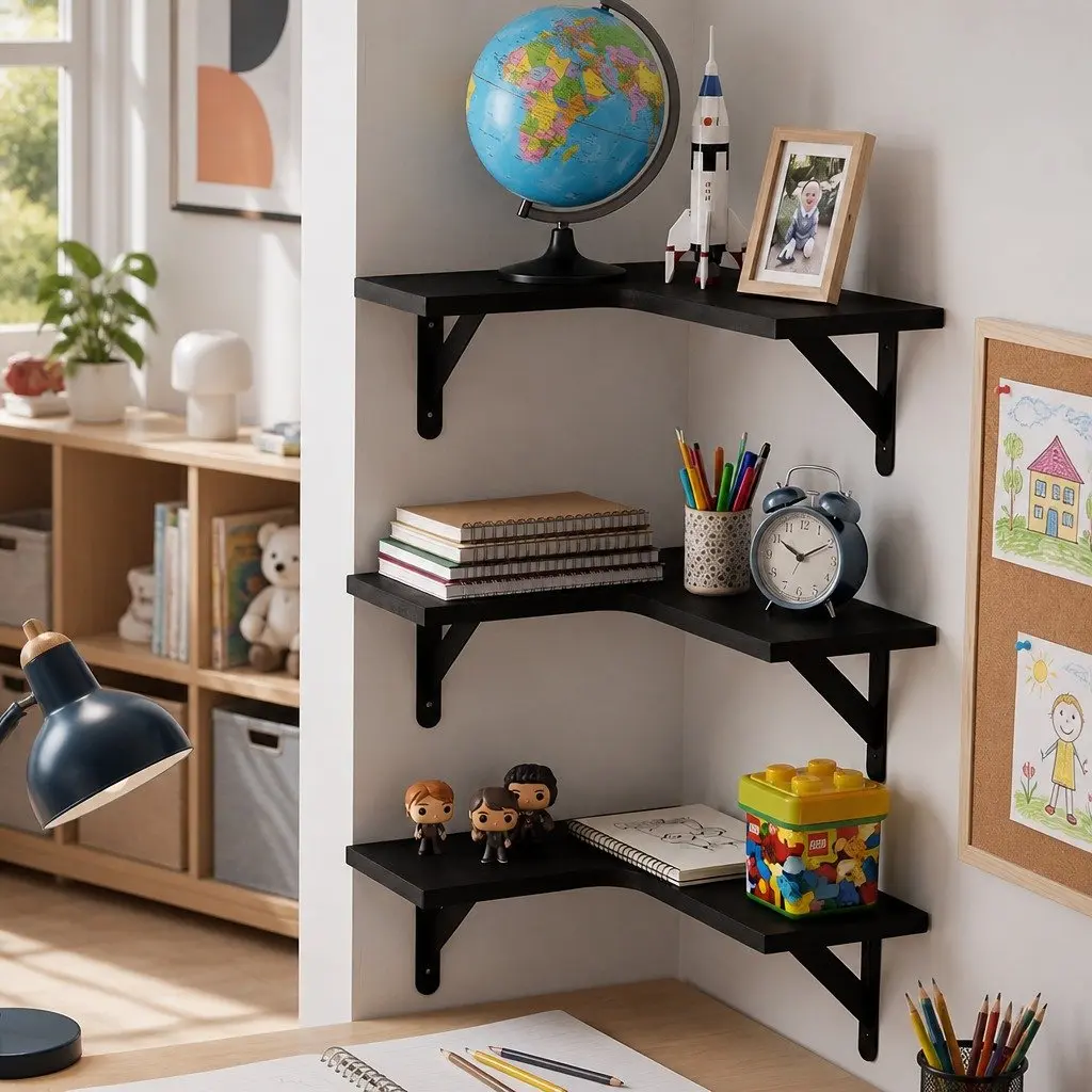 Corner Floating Shelves L-Shaped Black Paulownia Wood Wall-Mounted 3 Piece Storage