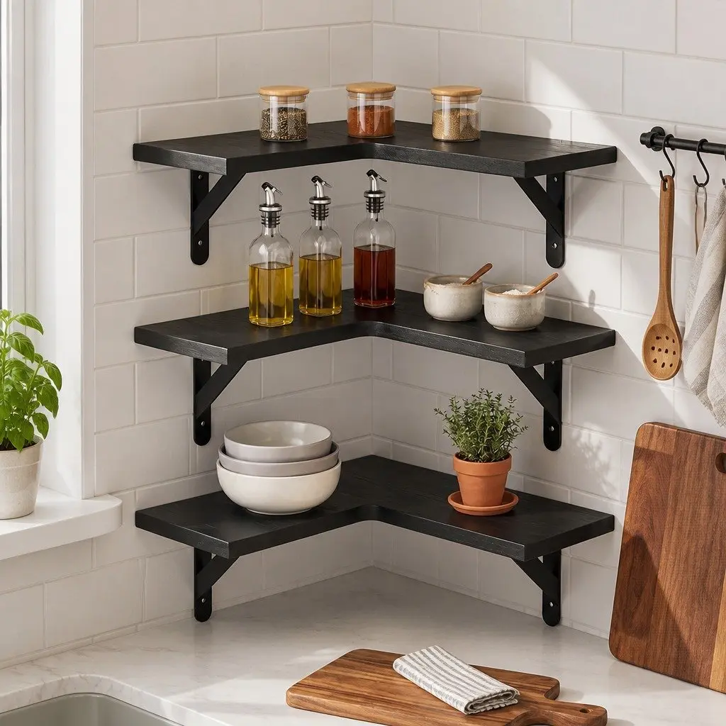 Corner Floating Shelves L-Shaped Black Paulownia Wood Wall-Mounted 3 Piece Storage