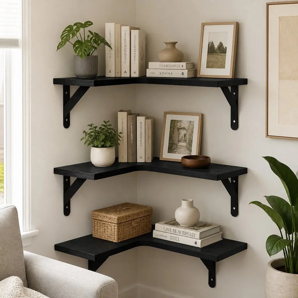 Corner Floating Shelves L-Shaped Black Paulownia Wood Wall-Mounted 3 Piece Storage