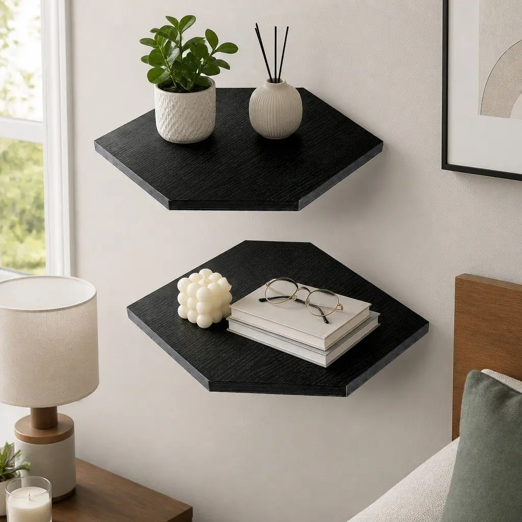 Corner Shelves Wall Mounted Black 2 Piece MDF Storage Display Rack