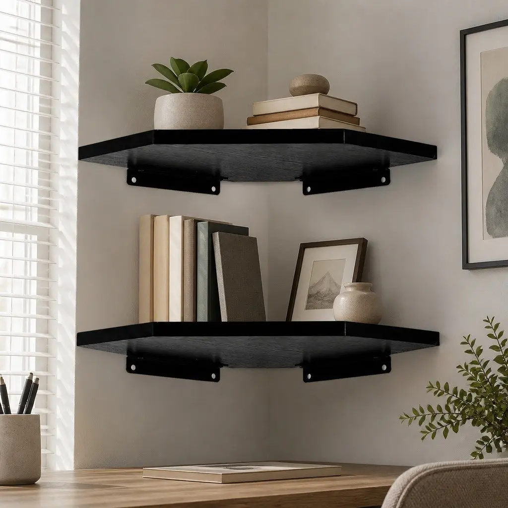 Corner Shelves Wall Mounted Black 2 Piece MDF Storage Display Rack