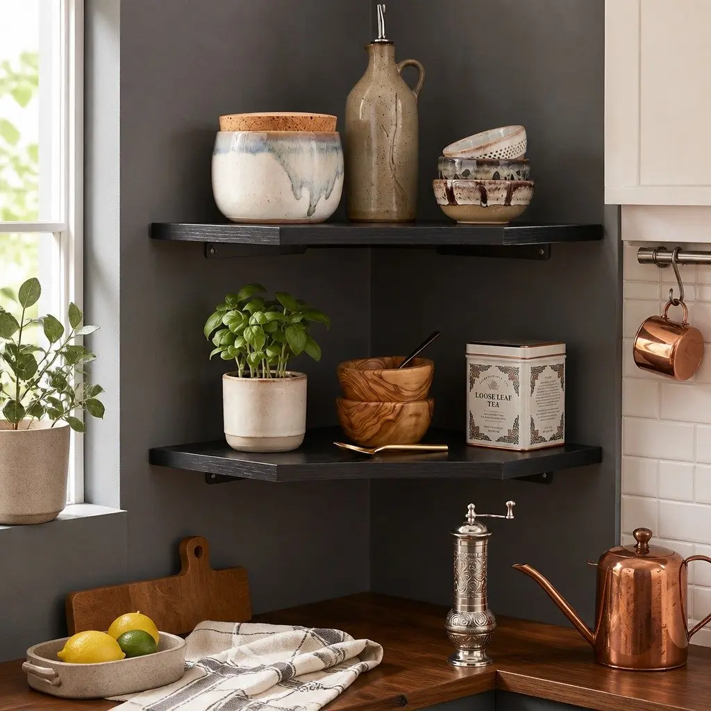 Corner Shelves Wall Mounted Black 2 Piece MDF Storage Display Rack
