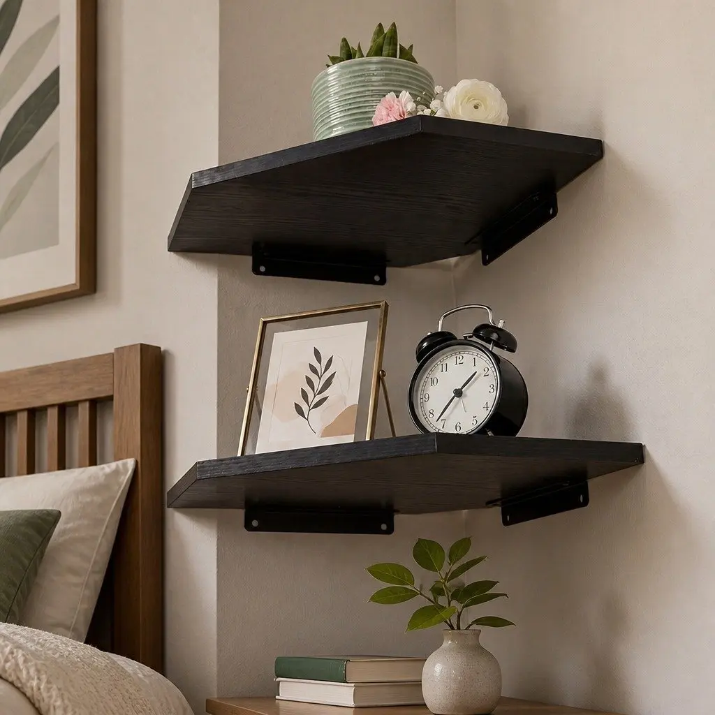 Corner Shelves Wall Mounted Black 2 Piece MDF Storage Display Rack