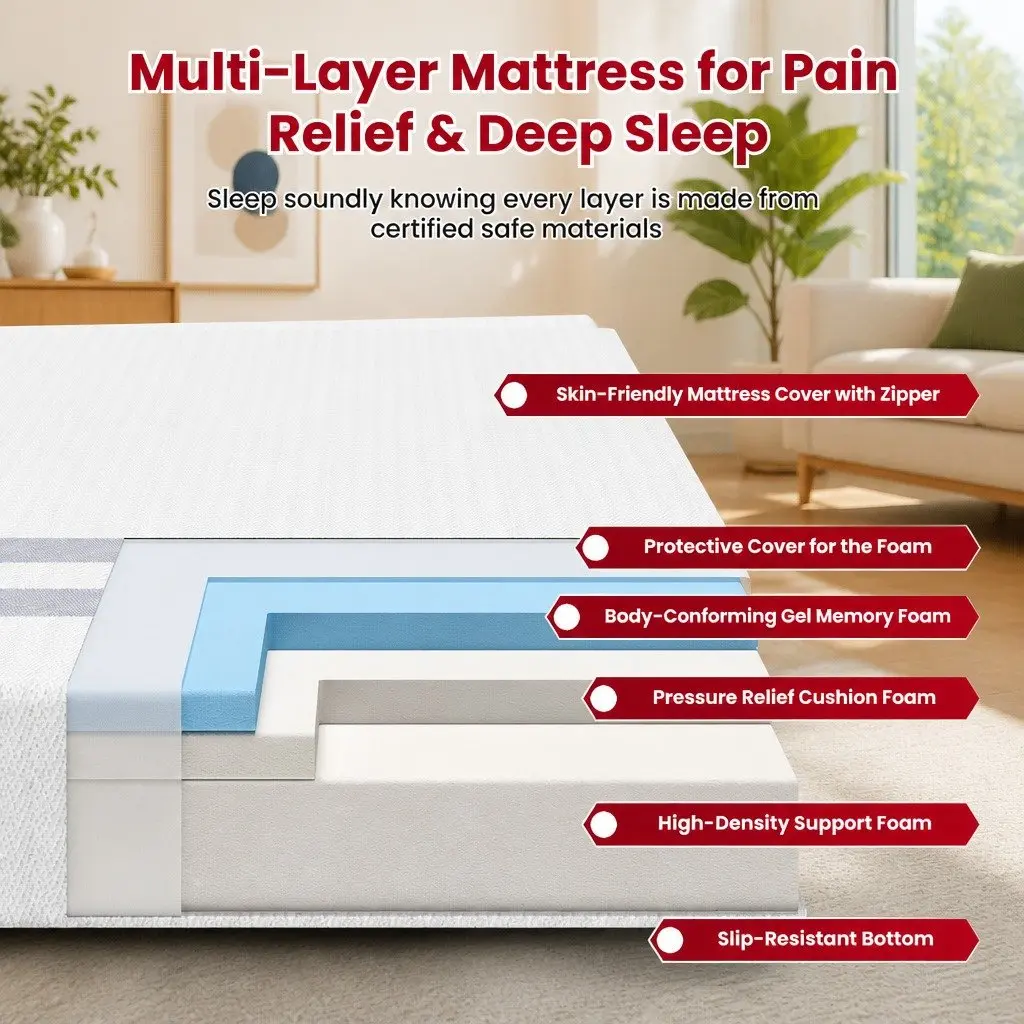 Queen Mattress Gel-Infused Memory Foam 25cm Reversible Medium Firmness