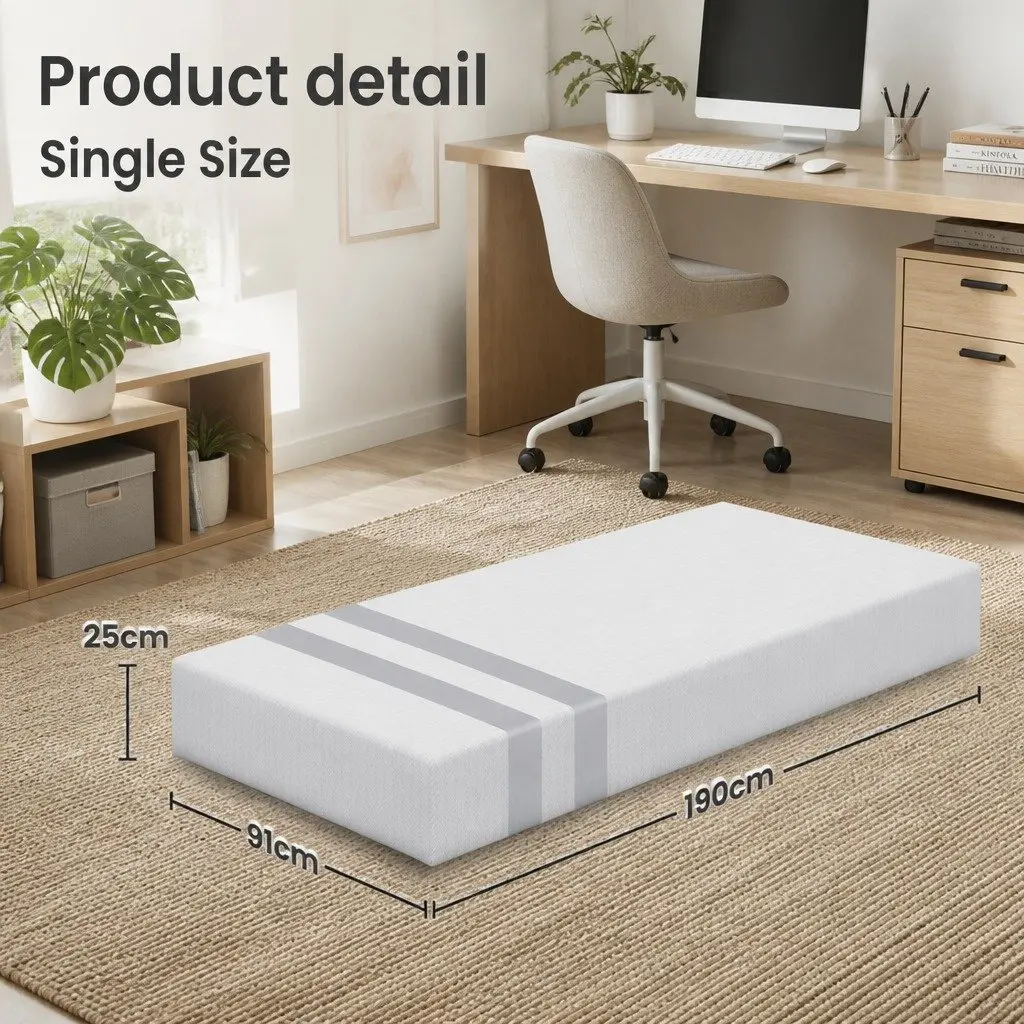 Single Memory Foam Mattress Gel-Infused 25cm Medium Firmness Reversible Dual-Sided White Knit Stretch Polyester