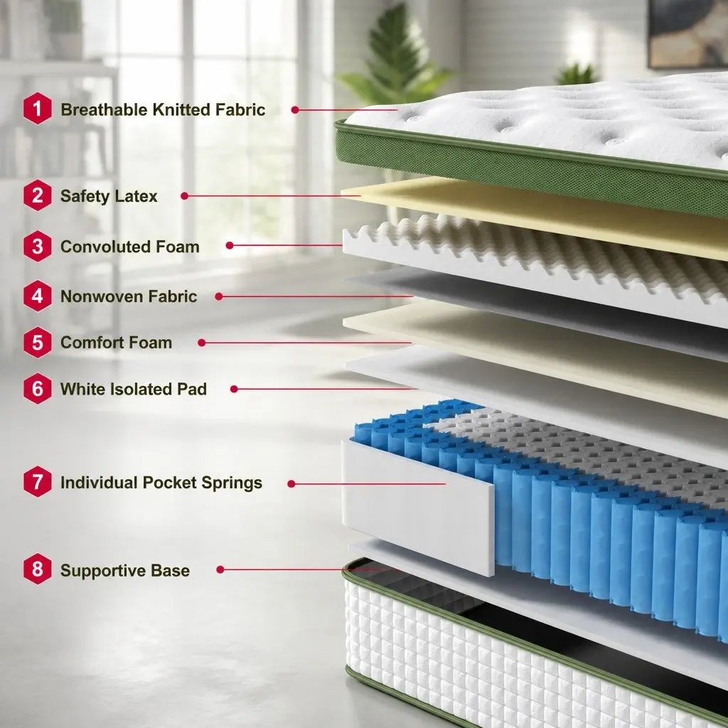Latex Hybrid Mattress Medium Firm 34cm Euro Top 5 Zone Pocket Coil White