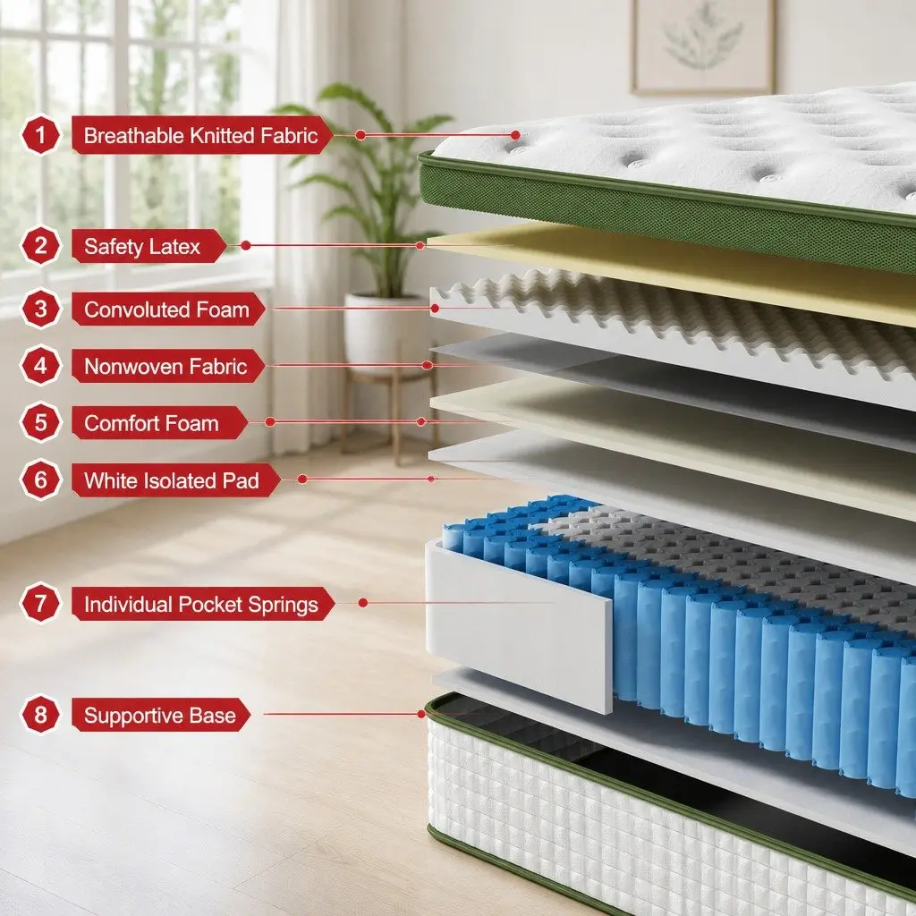 King Size Latex Hybrid Mattress Medium Firm 34cm 5 Zone Pocket Spring