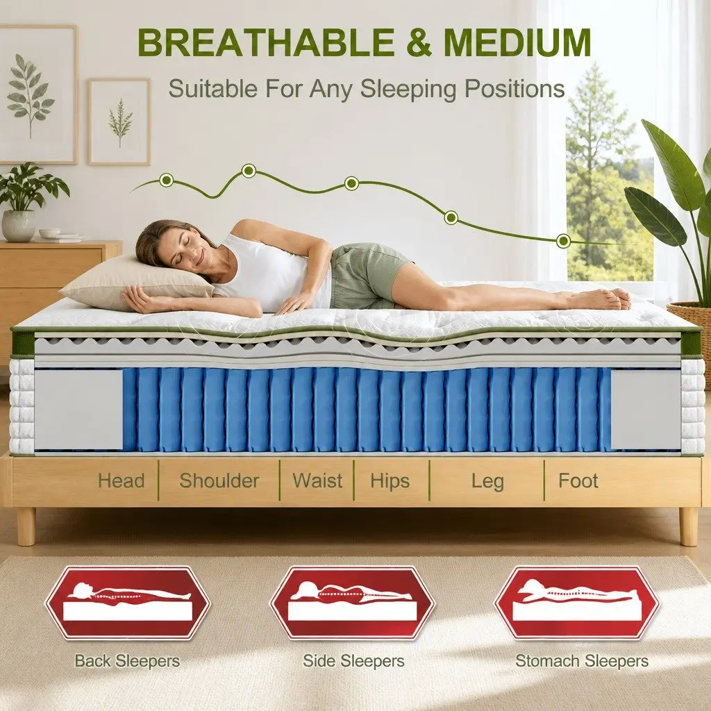 King Size Latex Hybrid Mattress Medium Firm 34cm 5 Zone Pocket Spring