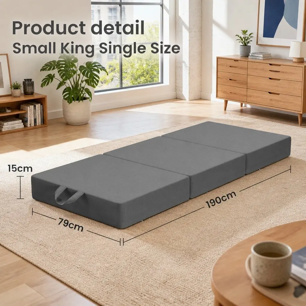 King Single Folding Mattress Trifold 15cm Foam Portable Grey