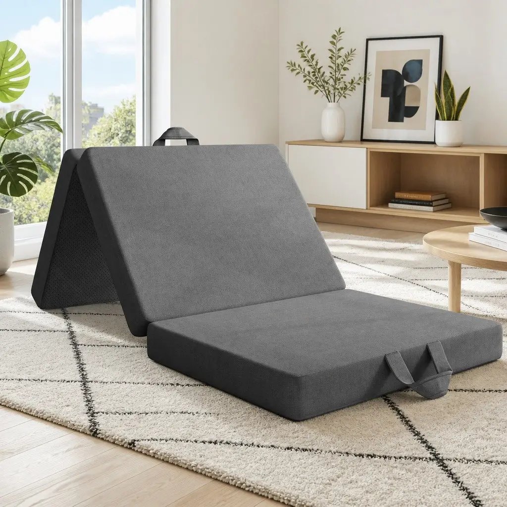 King Single Folding Mattress Trifold 15cm Foam Portable Grey