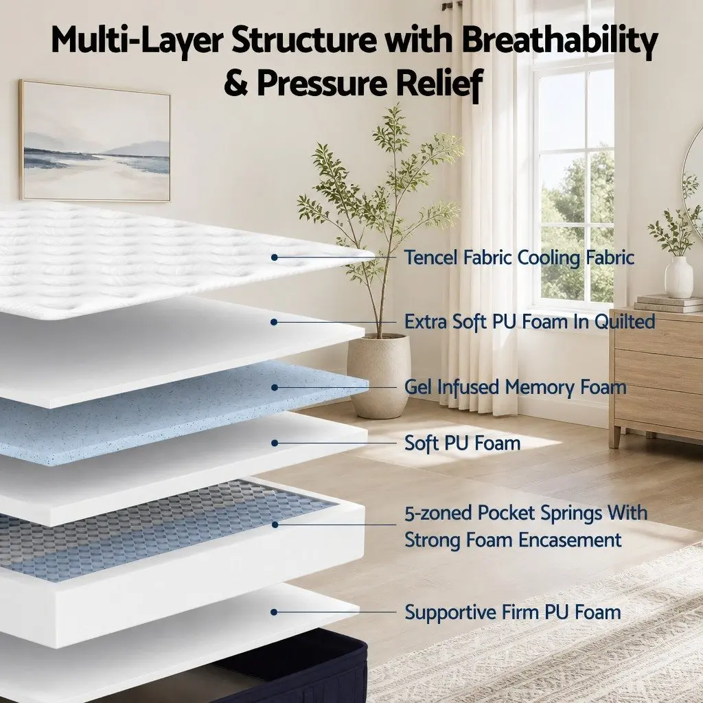 Queen Mattress Medium Firm 34cm Pocket Spring Hybrid Cooling Foam