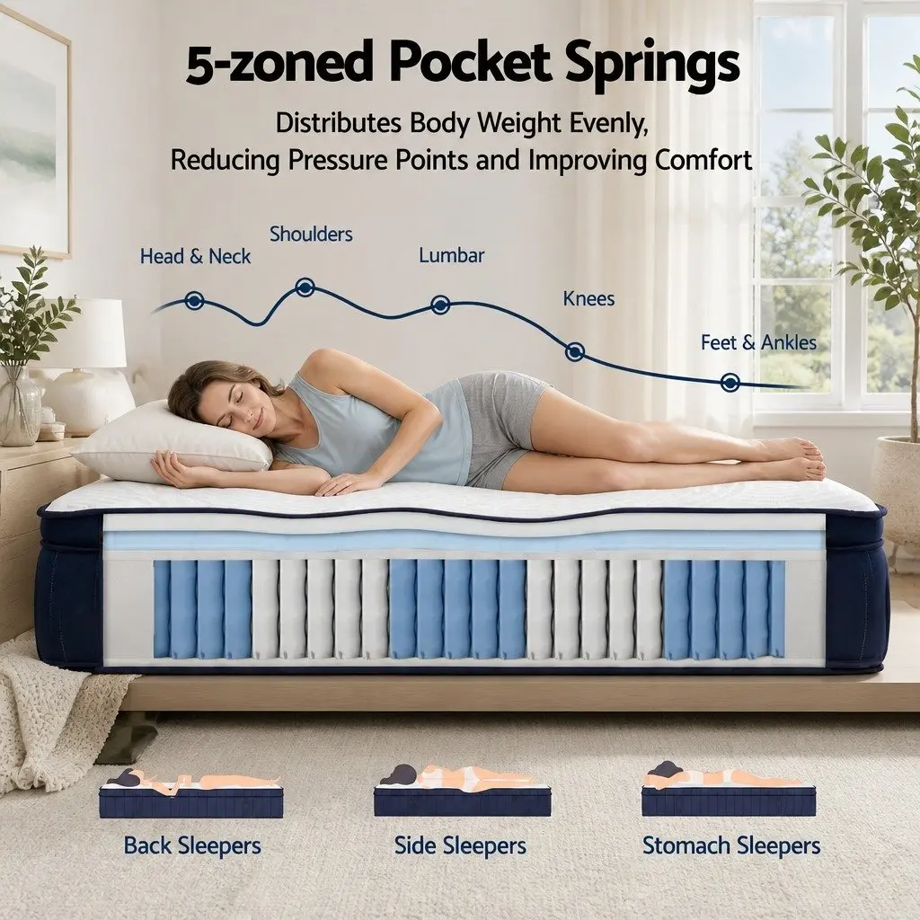 Queen Mattress Medium Firm 34cm Pocket Spring Hybrid Cooling Foam