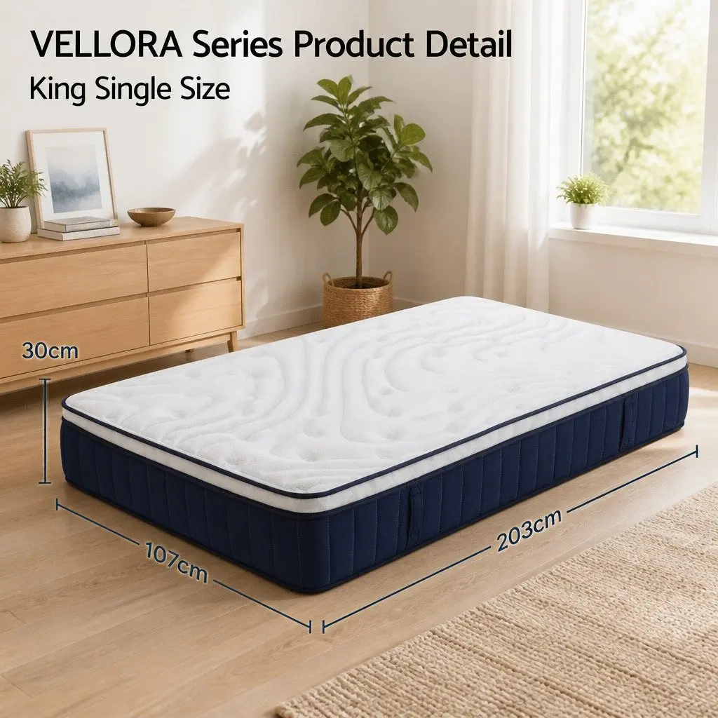 King Single Pocket Spring Mattress 30cm Medium Firm Hybrid with Latex Lumbar Support