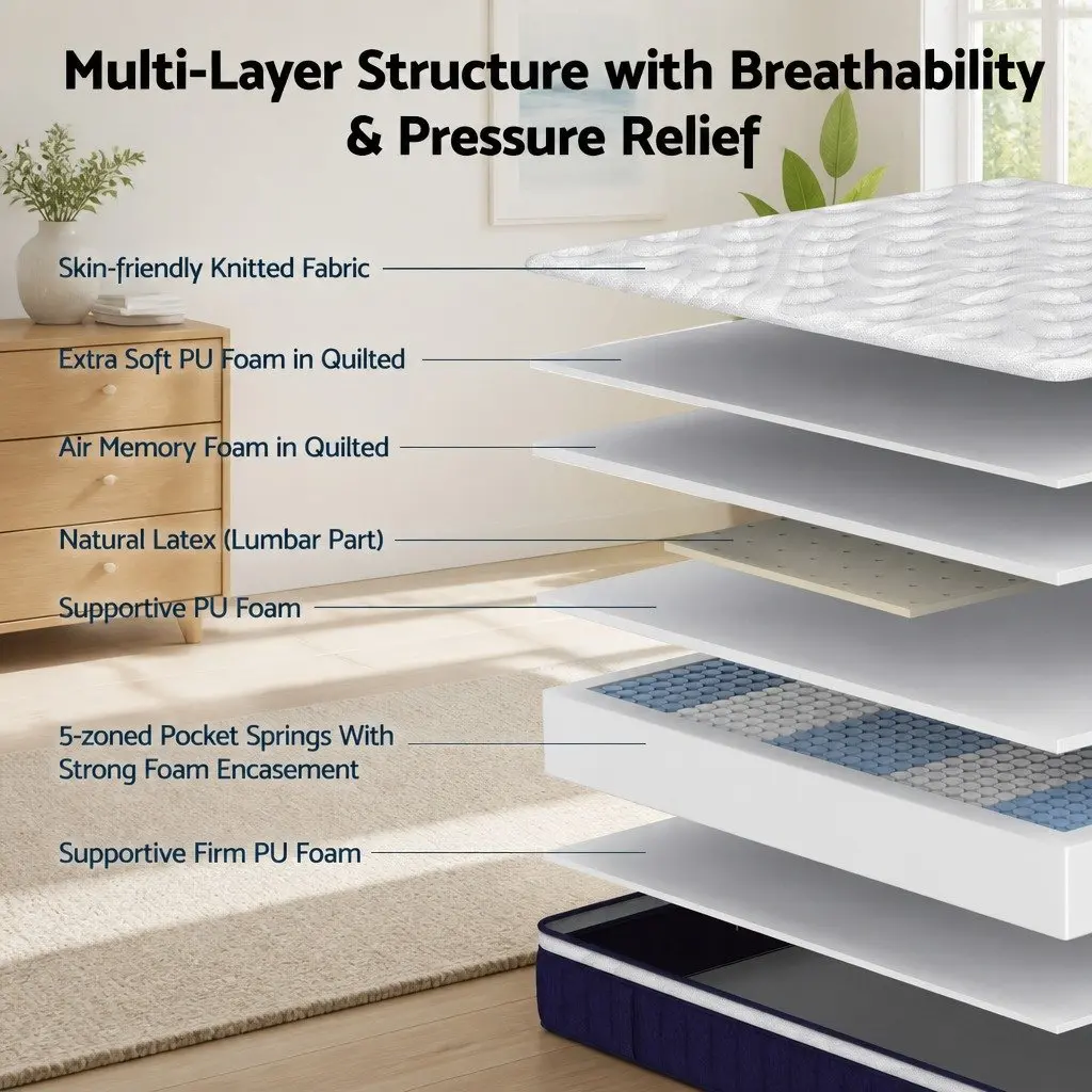 King Single Pocket Spring Mattress 30cm Medium Firm Hybrid with Latex Lumbar Support
