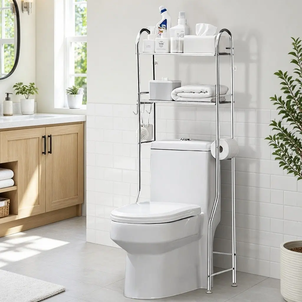 Over Toilet Storage Rack 2-Tier Silver Stainless Steel Bathroom Shelf Unit Organizer