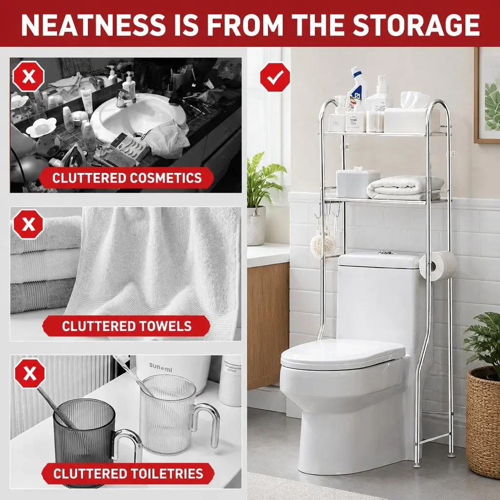 Over Toilet Storage Rack 2-Tier Silver Stainless Steel Bathroom Shelf Unit Organizer