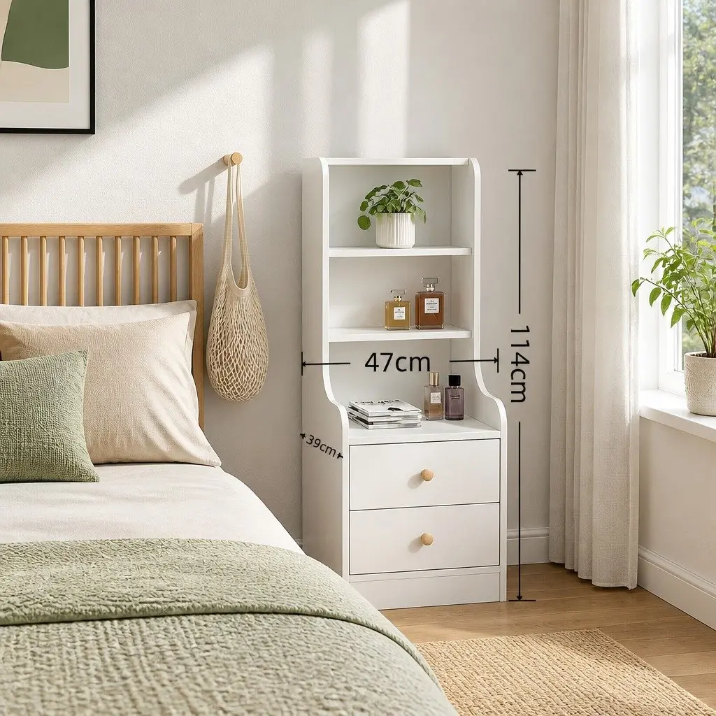 Warm White 3-Shelf Nightstand Storage Cabinet