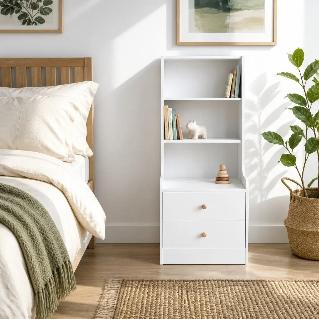 Warm White 3-Shelf Nightstand Storage Cabinet