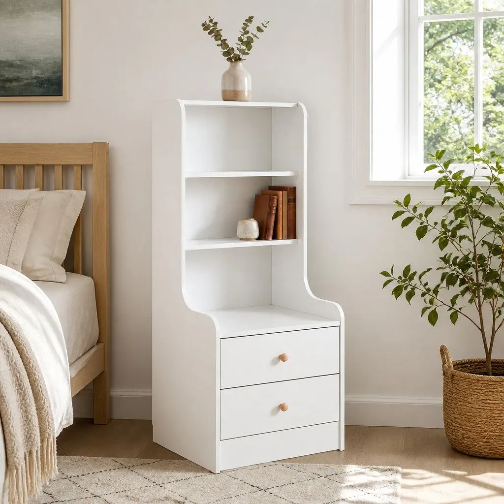 Warm White 3-Shelf Nightstand Storage Cabinet