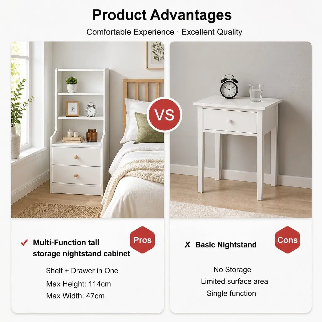 Warm White 3-Shelf Nightstand Storage Cabinet