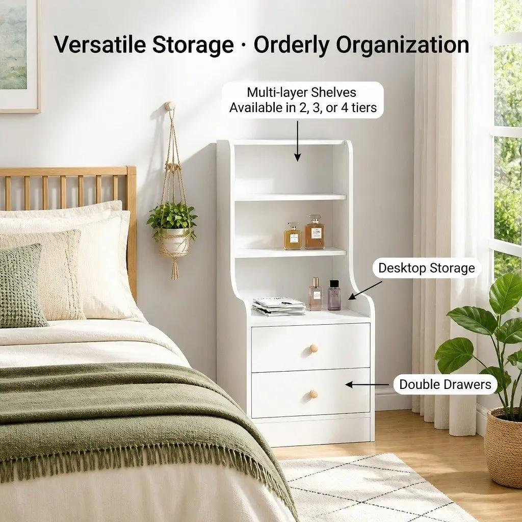 Warm White 3-Shelf Nightstand Storage Cabinet