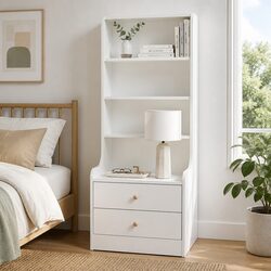 Warm White Minimalist Bedside Table with Drawers