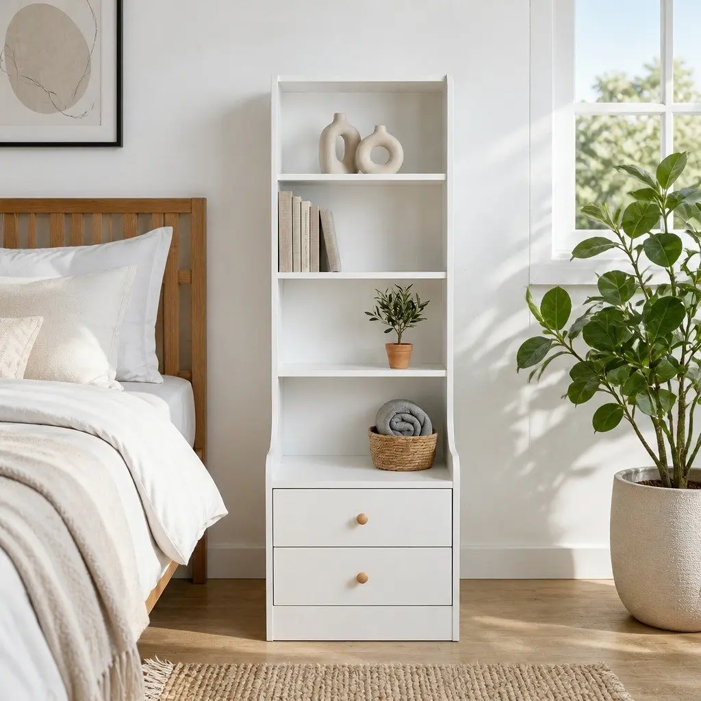 Bedside Table Nightstand with Drawers Tall Minimalist Storage Cabinet White