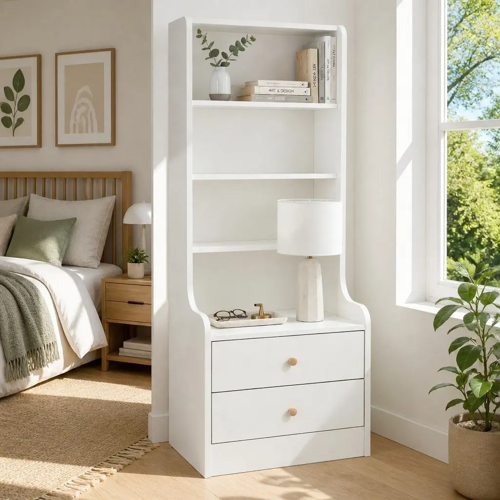 Bedside Table Nightstand with Drawers Tall Minimalist Storage Cabinet White