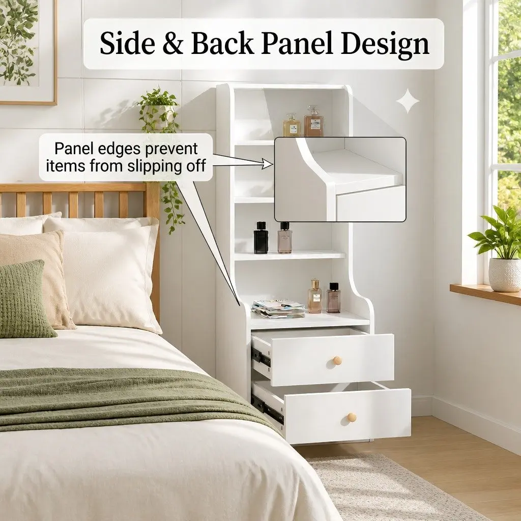 Bedside Table Nightstand with Drawers Tall Minimalist Storage Cabinet White