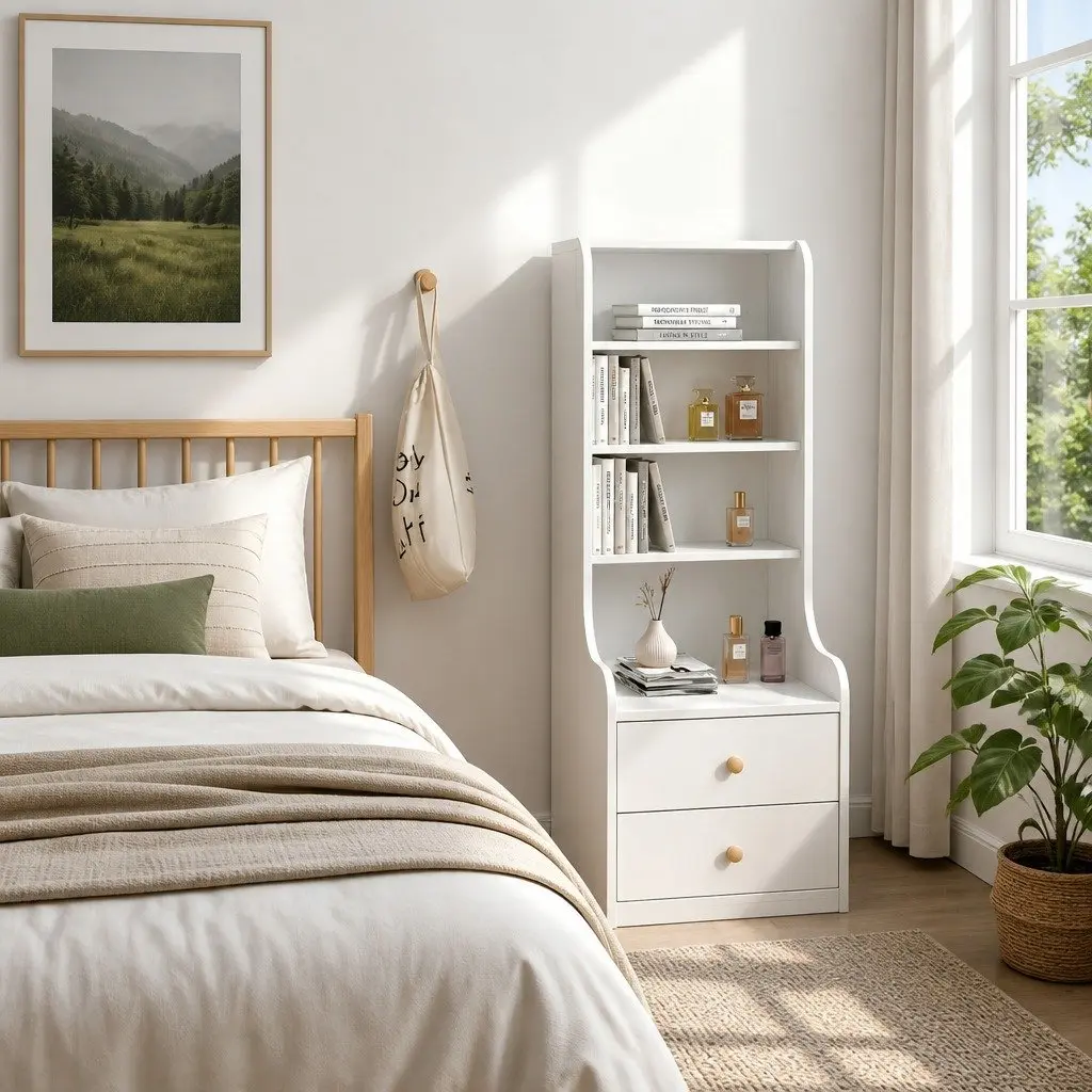 Bedside Table Nightstand with Drawers Tall Minimalist Storage Cabinet White