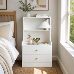Warm White Minimalist Bedside Nightstand with Storage