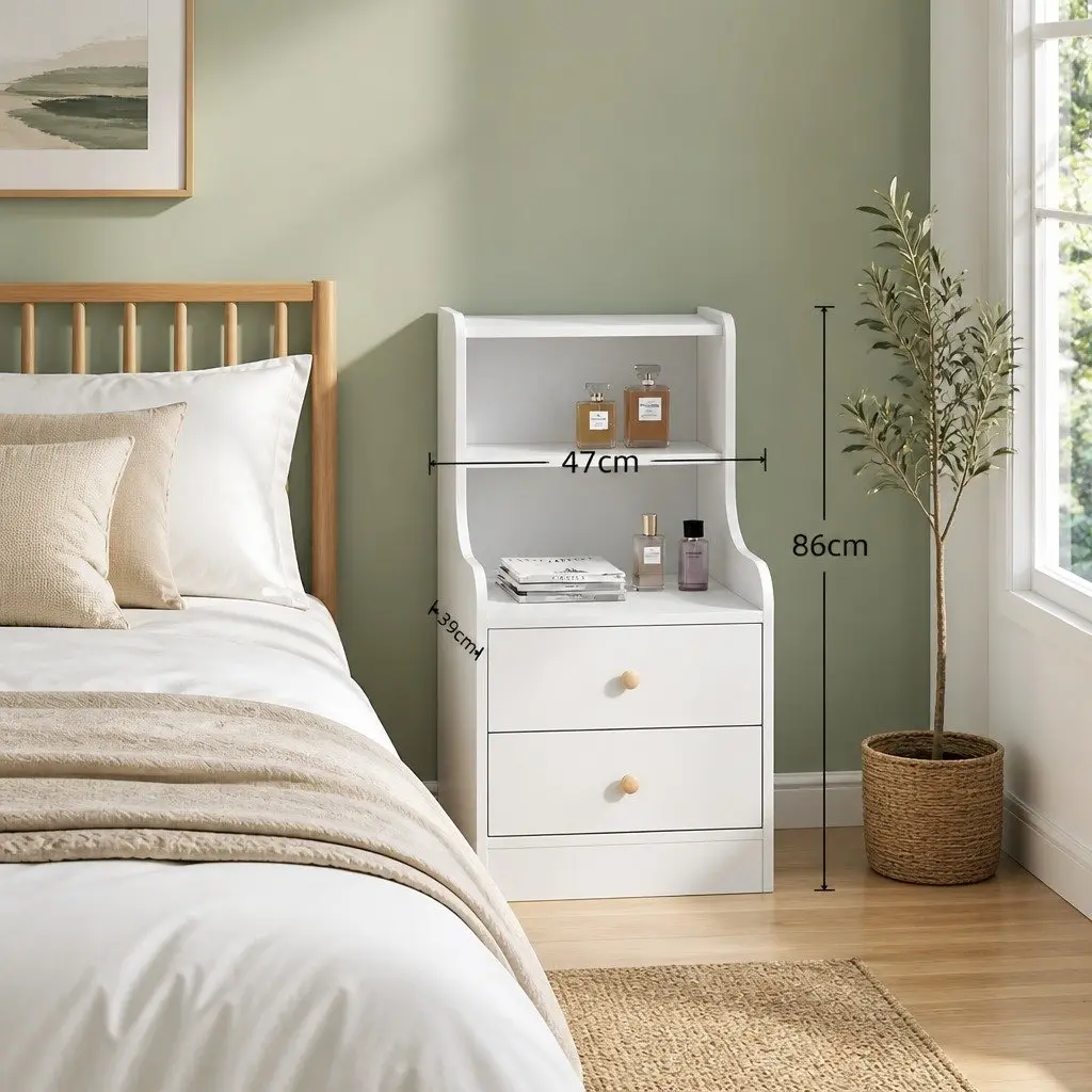 Sleek White Bedside Table with 2 Drawers and 2 Open Shelves 83x32x60cm