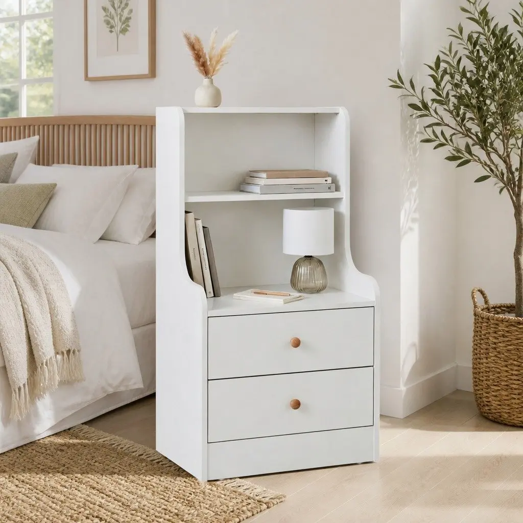 Sleek White Bedside Table with 2 Drawers and 2 Open Shelves 83x32x60cm